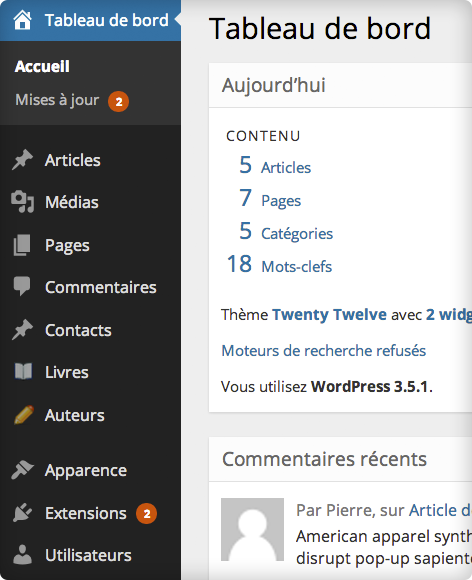 Administration WordPress — Dashboard