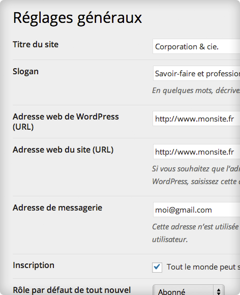 Administration WordPress — Réglages